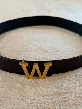 W Monogram Leather Belt with Gold Buckle - Black 39” long